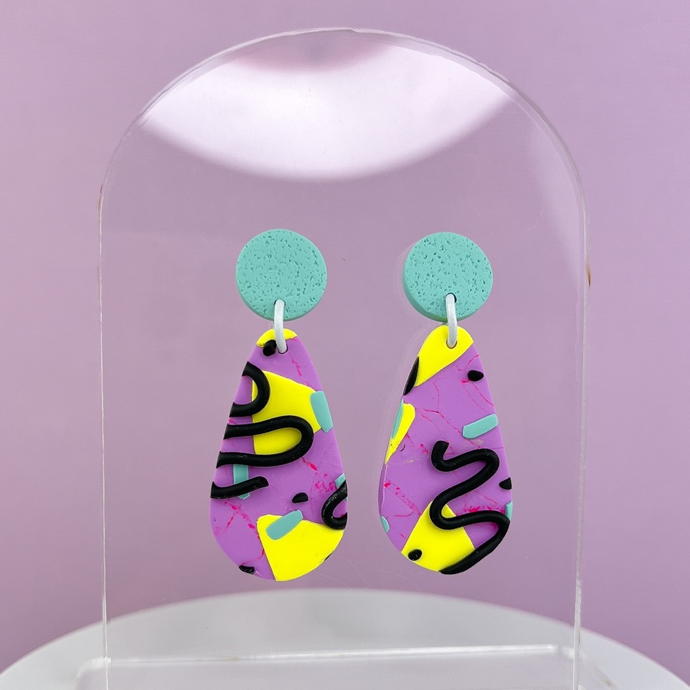 80s Memphis Style Pattern Polymer Clay Dangle Earrings Handmade Funky Re…